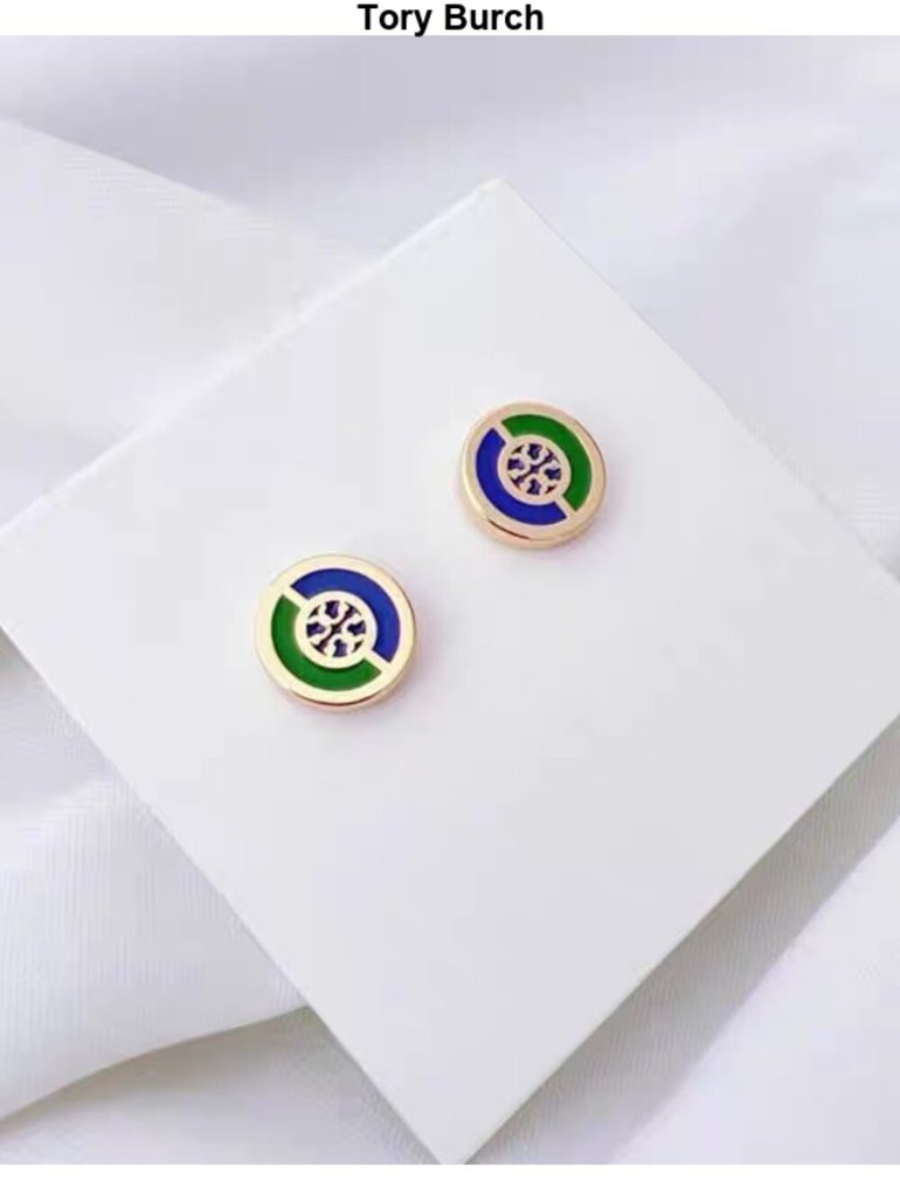 Gold-Tone Round Enamel Stud Earrings in Green and Blue